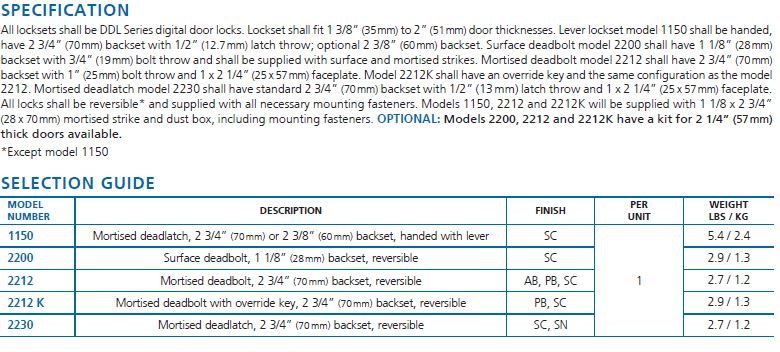 Digital door locks - Door Doctor image speci DDL digit